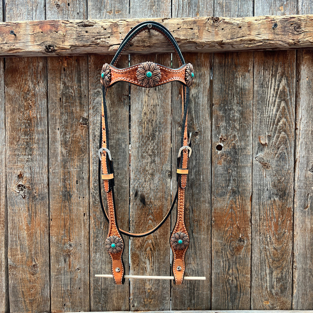 Light Oil Basketweave Copper Flower Browband/One Ear Tack Set #BBBC620 — view 3
