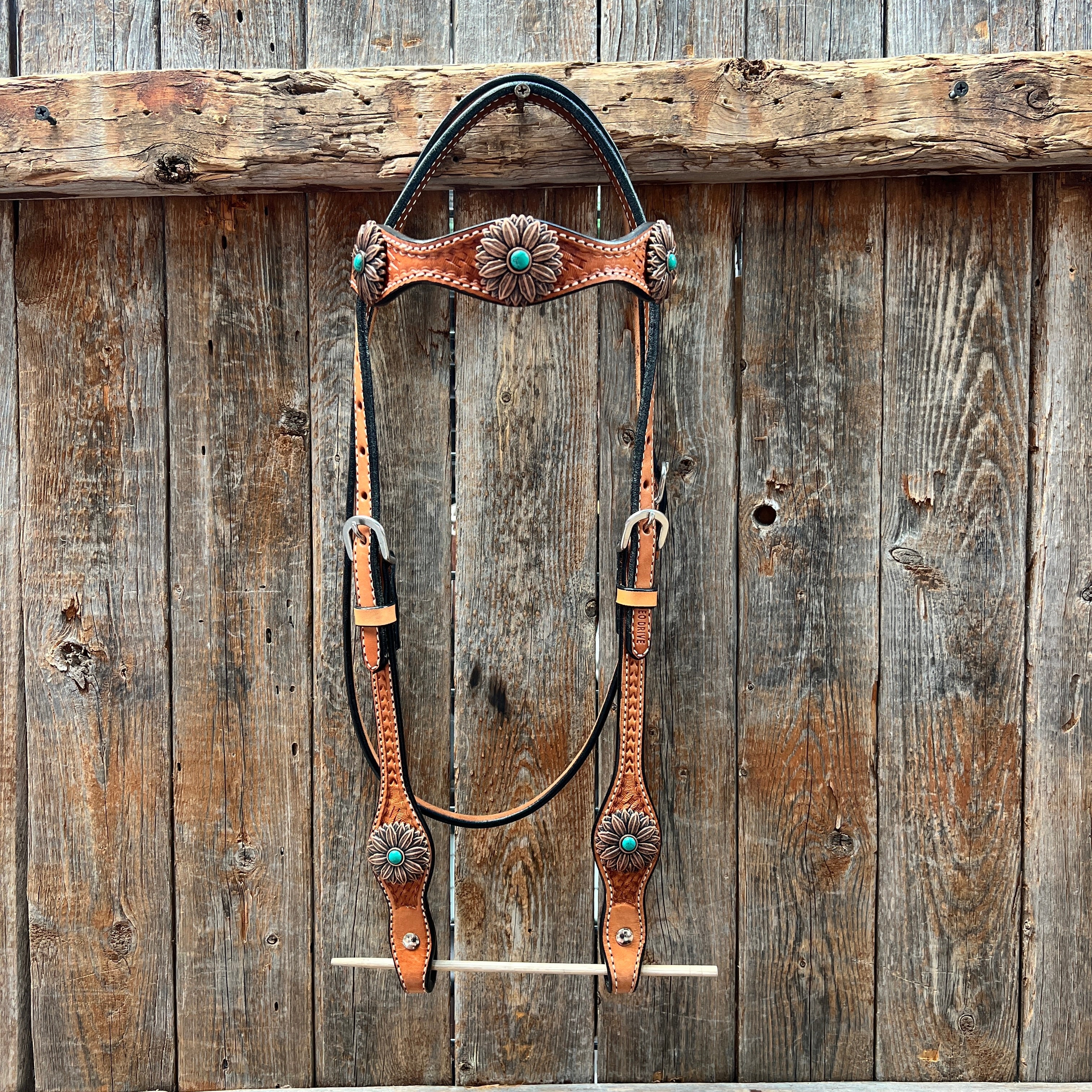 Light Oil Basketweave Copper Flower Browband/One Ear Tack Set #BBBC620 — view 3