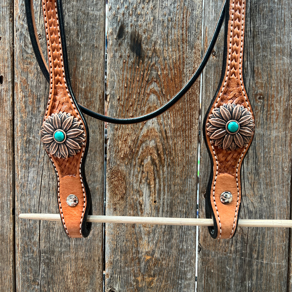 Light Oil Basketweave Copper Flower Browband/One Ear Tack Set #BBBC620 — view 5