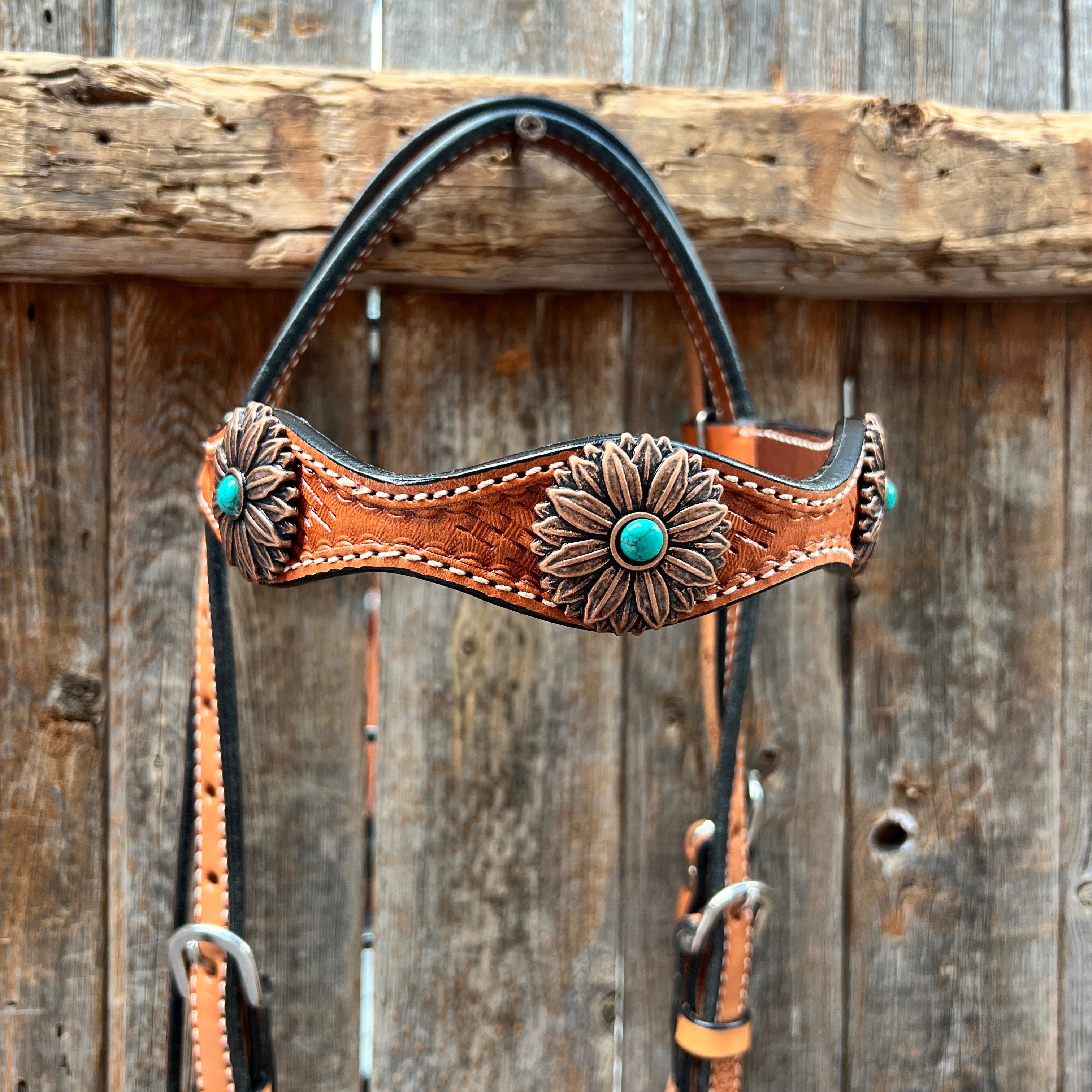 Light Oil Basketweave Copper Flower Browband/One Ear Tack Set #BBBC620 — view 4