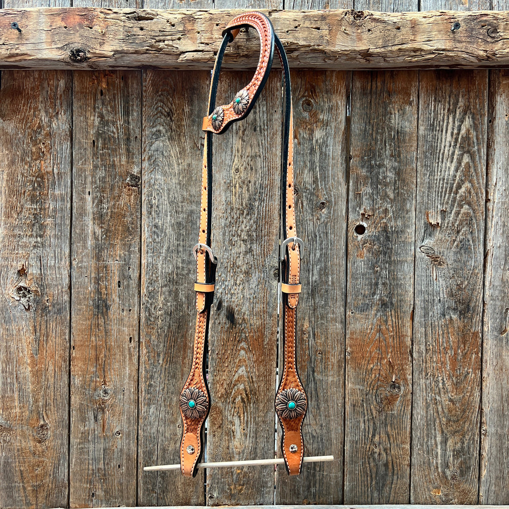 Light Oil Basketweave Copper Flower Browband/One Ear Tack Set #BBBC620 — view 6