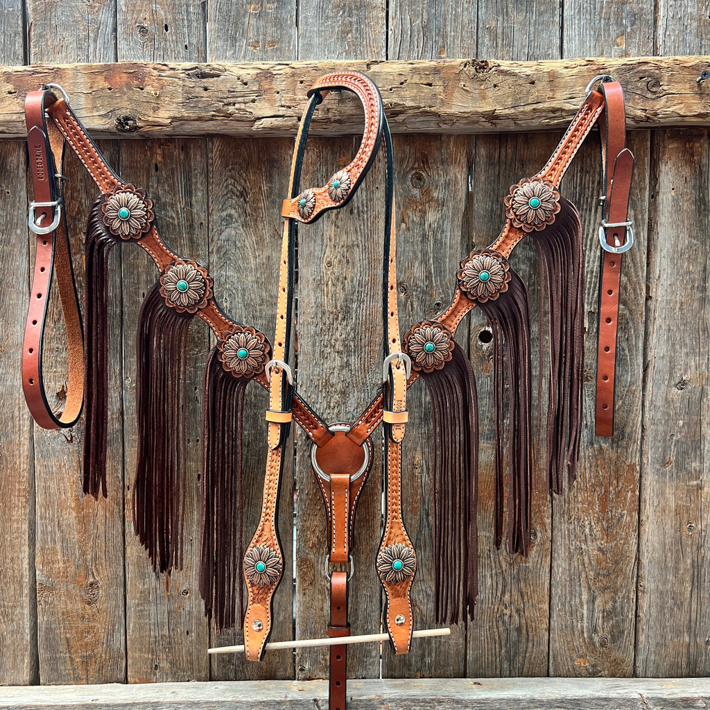 Light Oil Basketweave Copper Flower Browband/One Ear Tack Set #BBBC620 — view 2