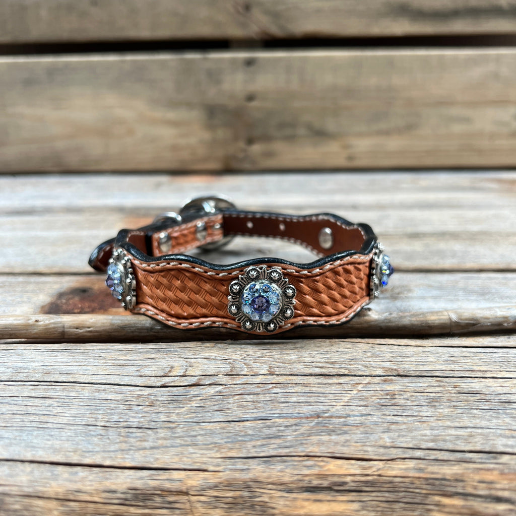 Genuine Leather Dog Collar With Antique Silver Lilac and Light Sapphire Conchos 10" to 22" -DC50 — view 2