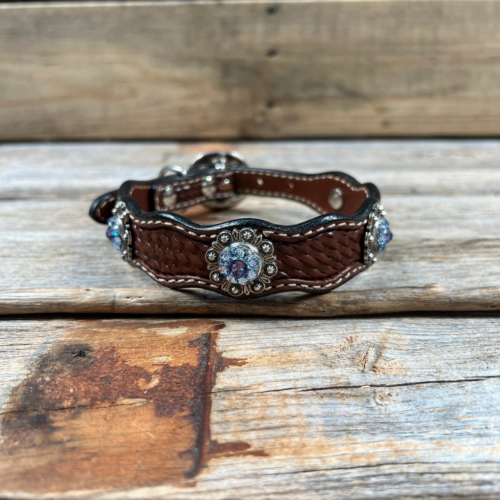 Genuine Leather Dog Collar With Antique Silver Lilac and Light Sapphire Conchos 10" to 22" -DC50 — view 3
