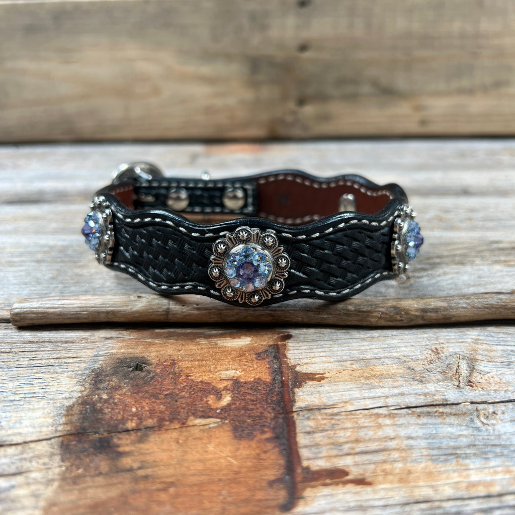 Genuine Leather Dog Collar With Antique Silver Lilac and Light Sapphire Conchos 10" to 22" -DC50 — view 4