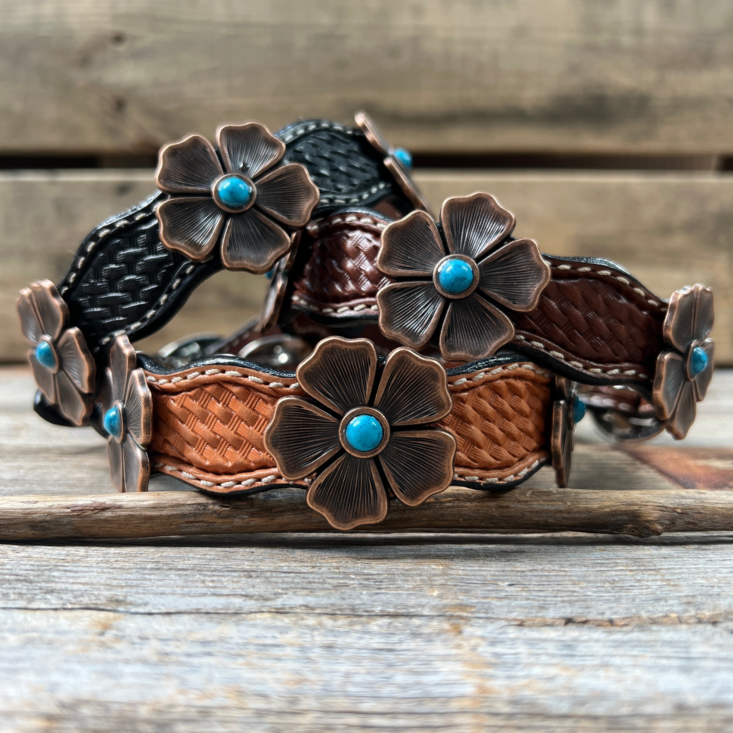 Genuine Leather Dog Collar or Leash With Copper Flower Conchos 12" to 22" W111S -DC7 — view 2