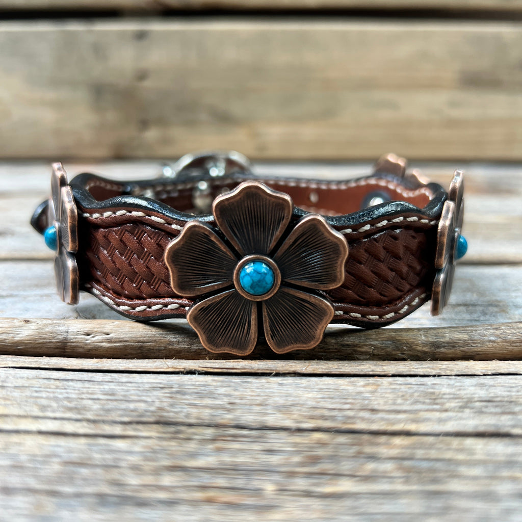 Genuine Leather Dog Collar or Leash With Copper Flower Conchos 12" to 22" W111S -DC7 — view 4