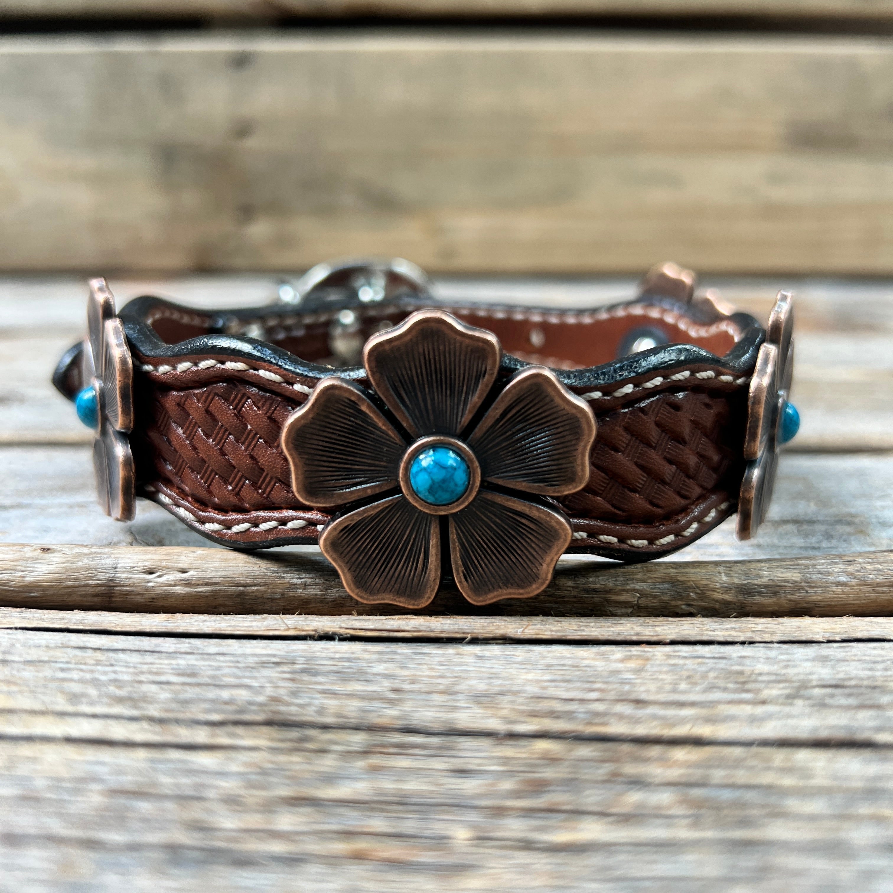 Genuine Leather Dog Collar or Leash With Copper Flower Conchos 12" to 22" W111S -DC7 — view 4