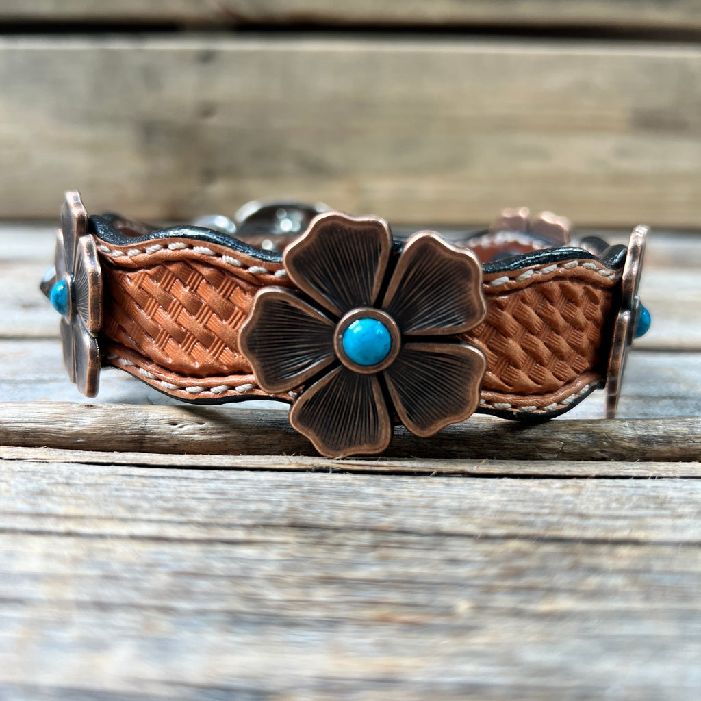 Genuine Leather Dog Collar or Leash With Copper Flower Conchos 12" to 22" W111S -DC7 — view 3