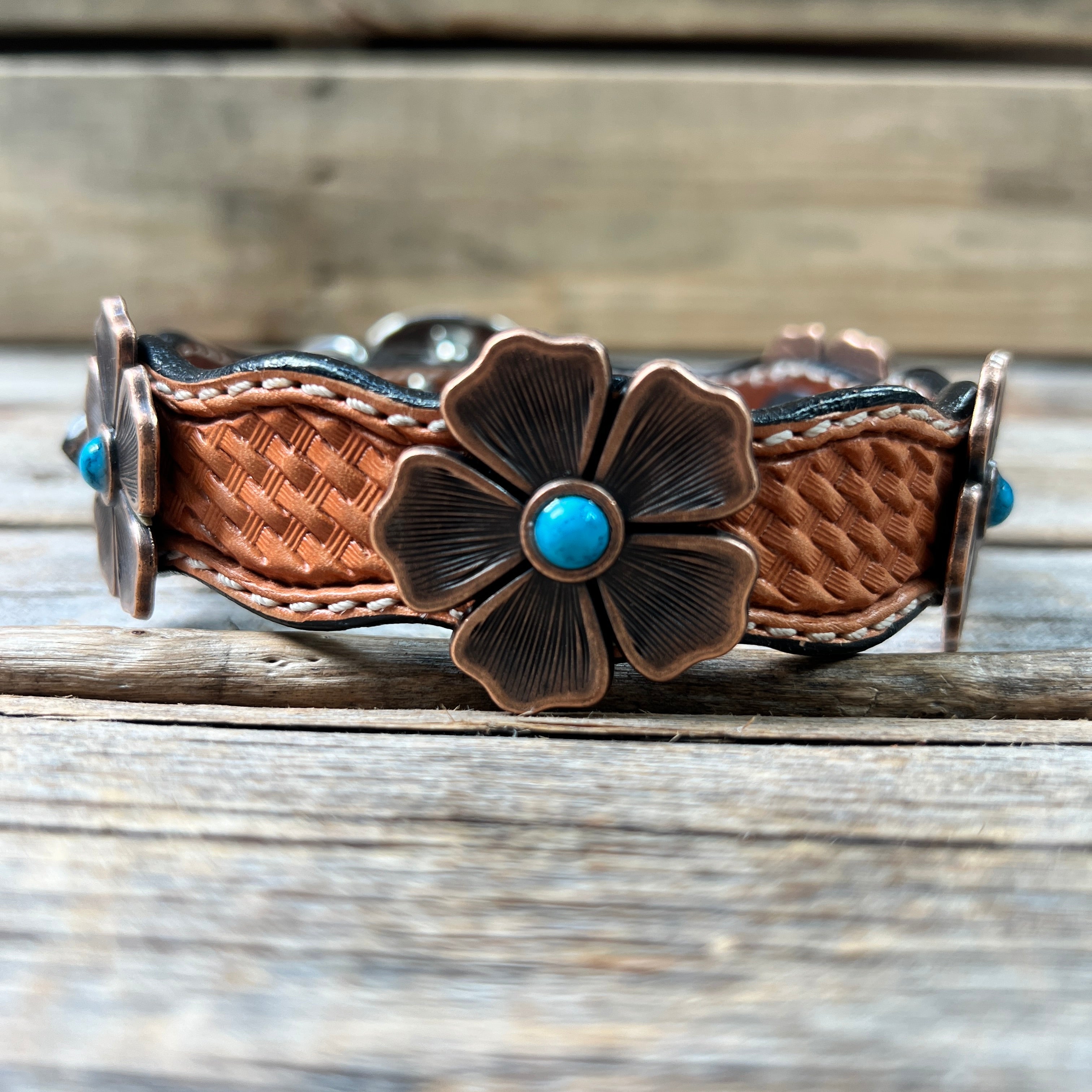 Genuine Leather Dog Collar or Leash With Copper Flower Conchos 12" to 22" W111S -DC7 — view 3