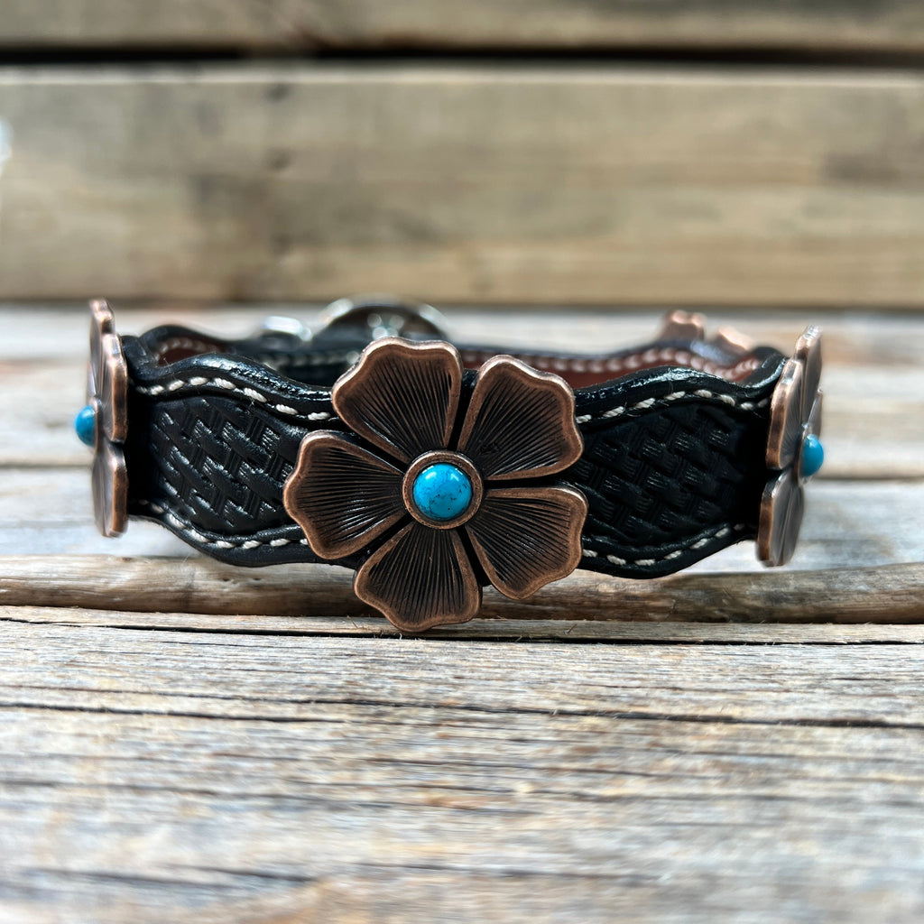 Genuine Leather Dog Collar or Leash With Copper Flower Conchos 12" to 22" W111S -DC7 — view 5