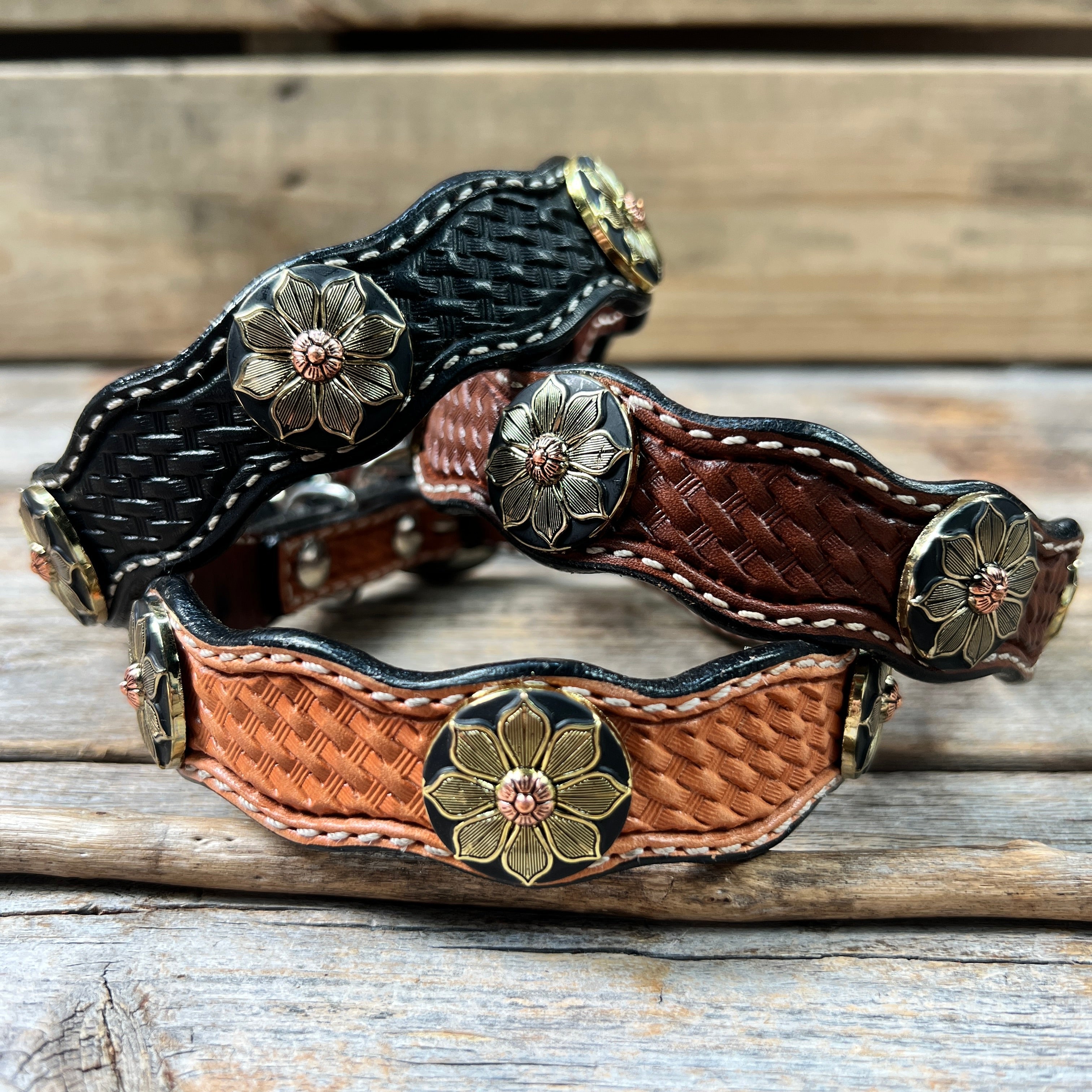 Genuine Leather Dog Collar or Leash With Copper Flower Conchos 10" to 22" W125S -DC52 — view 2