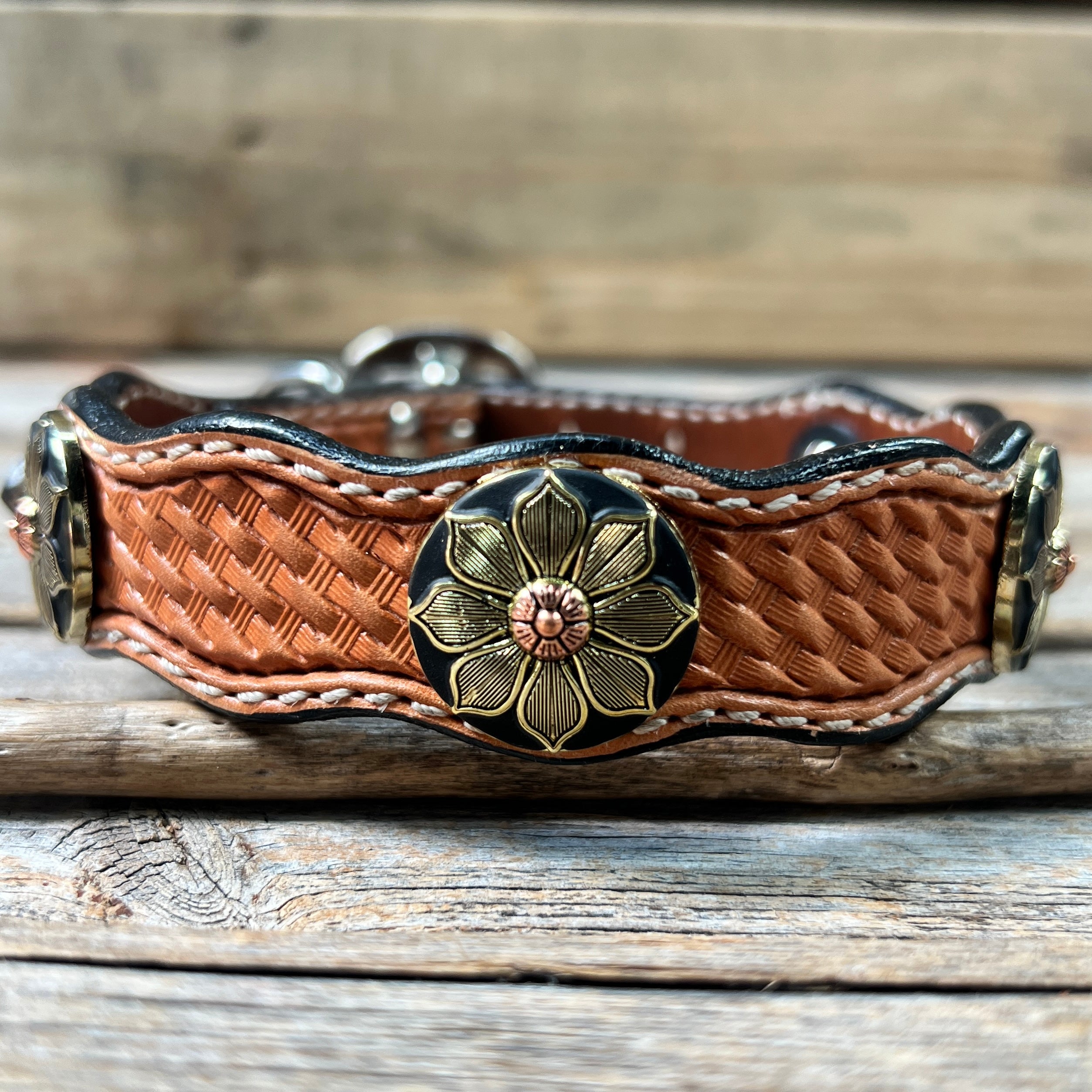 Genuine Leather Dog Collar or Leash With Copper Flower Conchos 10" to 22" W125S -DC52 — view 3