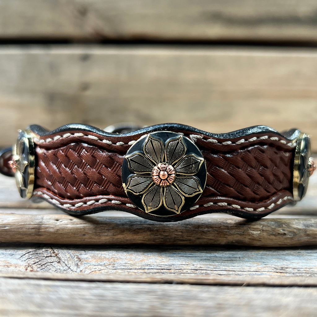 Genuine Leather Dog Collar or Leash With Copper Flower Conchos 10" to 22" W125S -DC52 — view 4