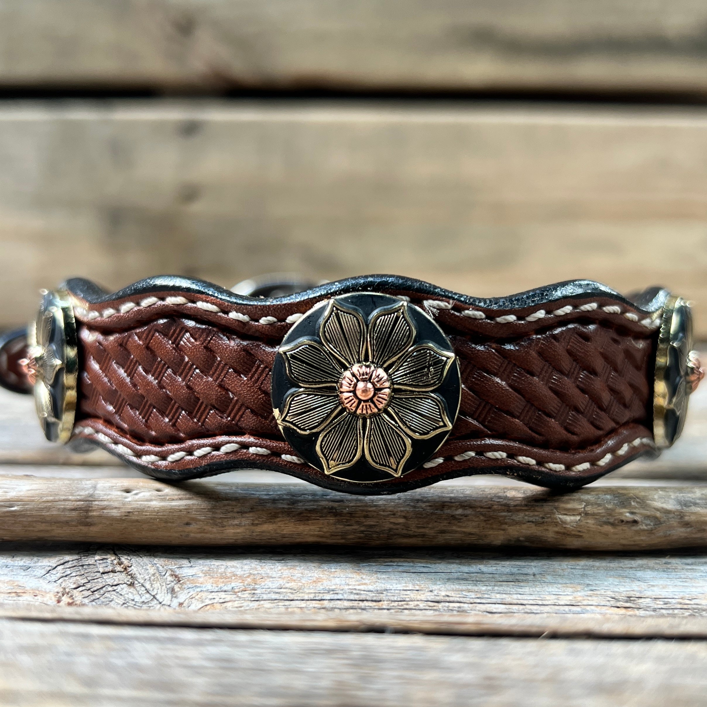 Genuine Leather Dog Collar or Leash With Copper Flower Conchos 10" to 22" W125S -DC52 — view 4