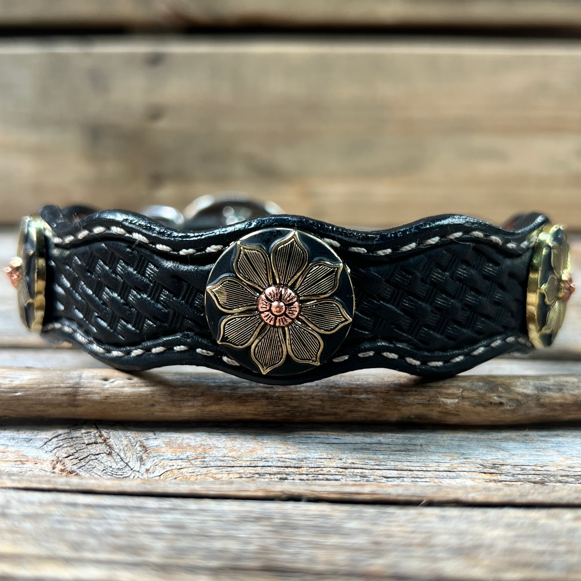 Genuine Leather Dog Collar or Leash With Copper Flower Conchos 10" to 22" W125S -DC52 — view 5