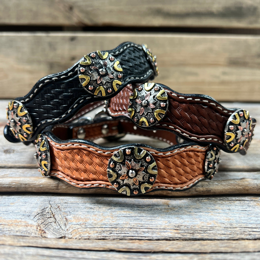 Genuine Leather Dog Collar With Antique Silver and Dots Conchos 10" to 22" W147S -DC53
