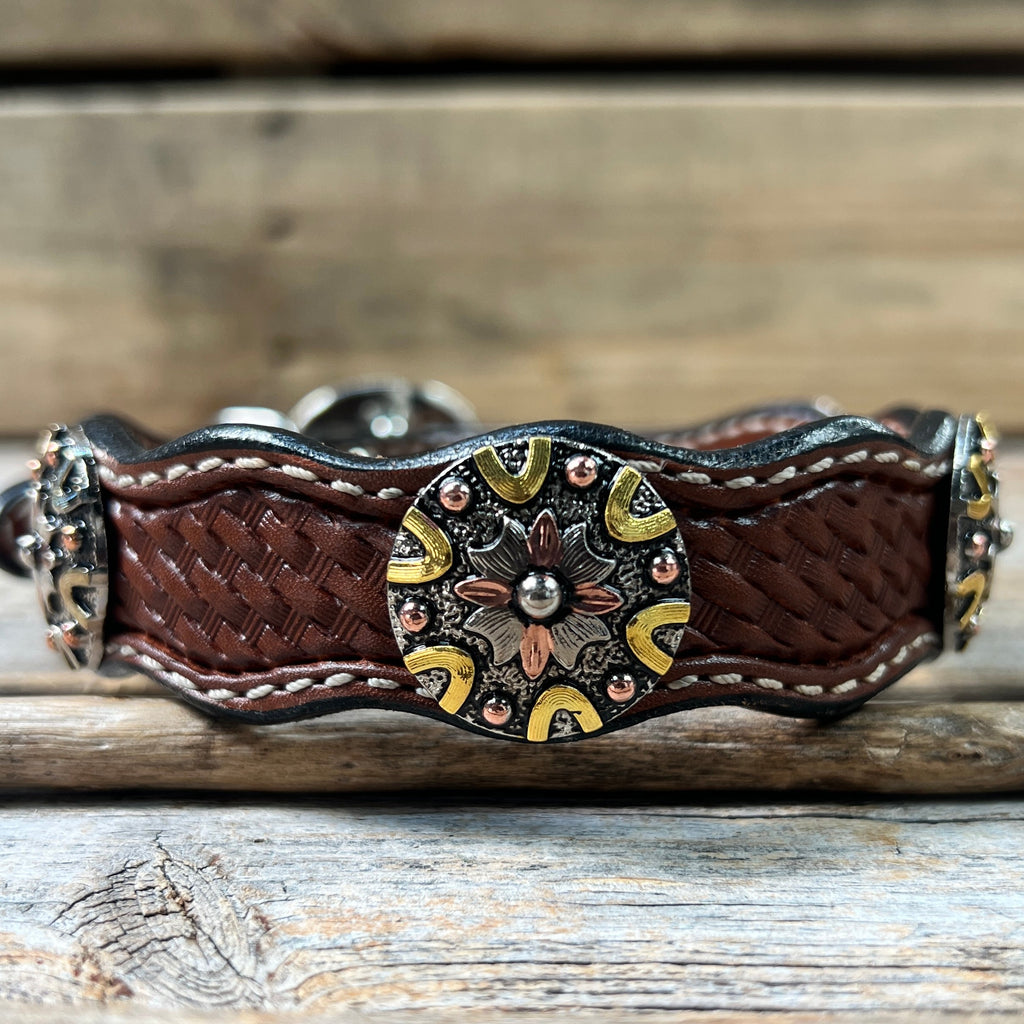 Genuine Leather Dog Collar With Antique Silver and Dots Conchos 10" to 22" W147S -DC53 — view 3