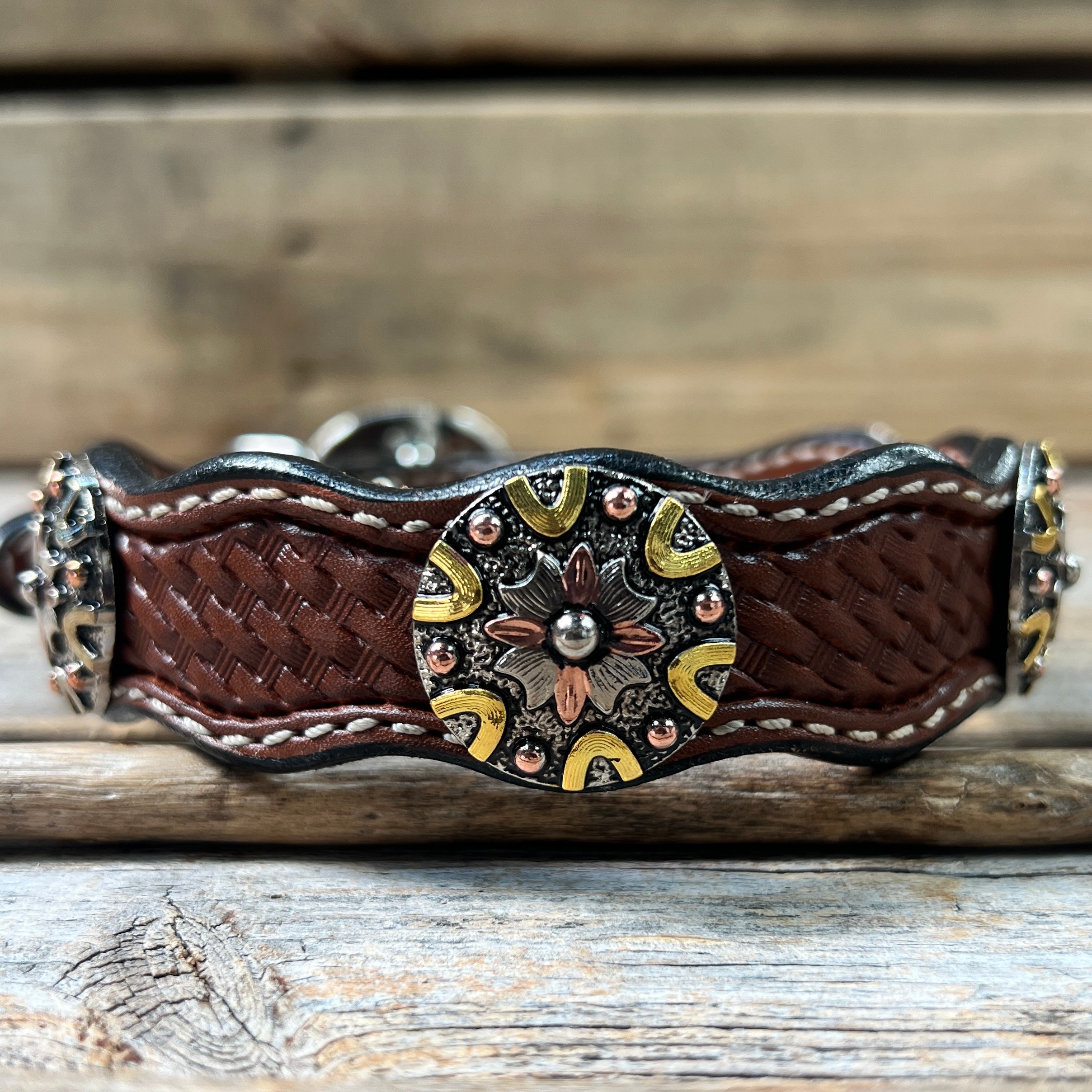 Genuine Leather Dog Collar With Antique Silver and Dots Conchos 10" to 22" W147S -DC53 — view 3