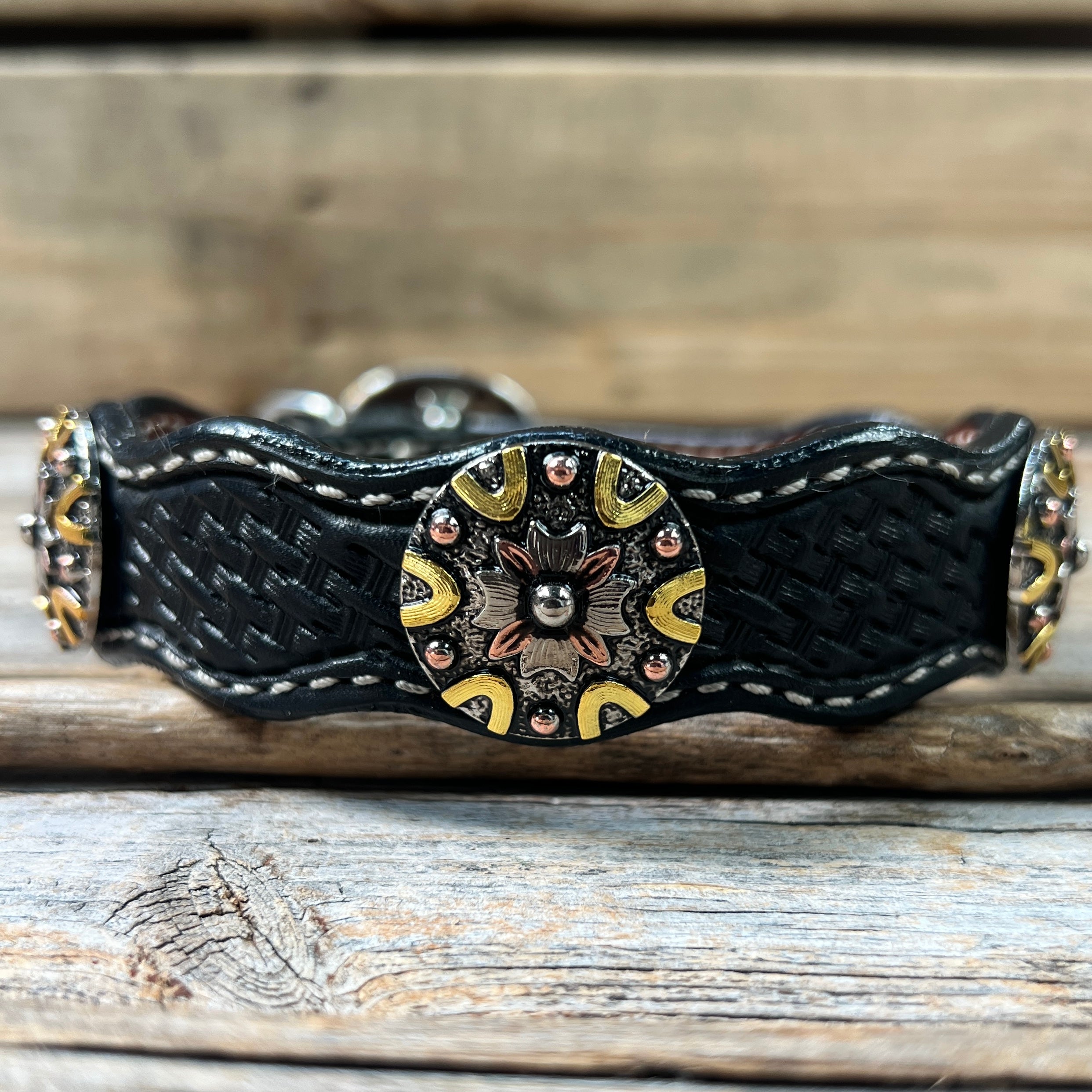 Genuine Leather Dog Collar With Antique Silver and Dots Conchos 10" to 22" W147S -DC53 — view 4