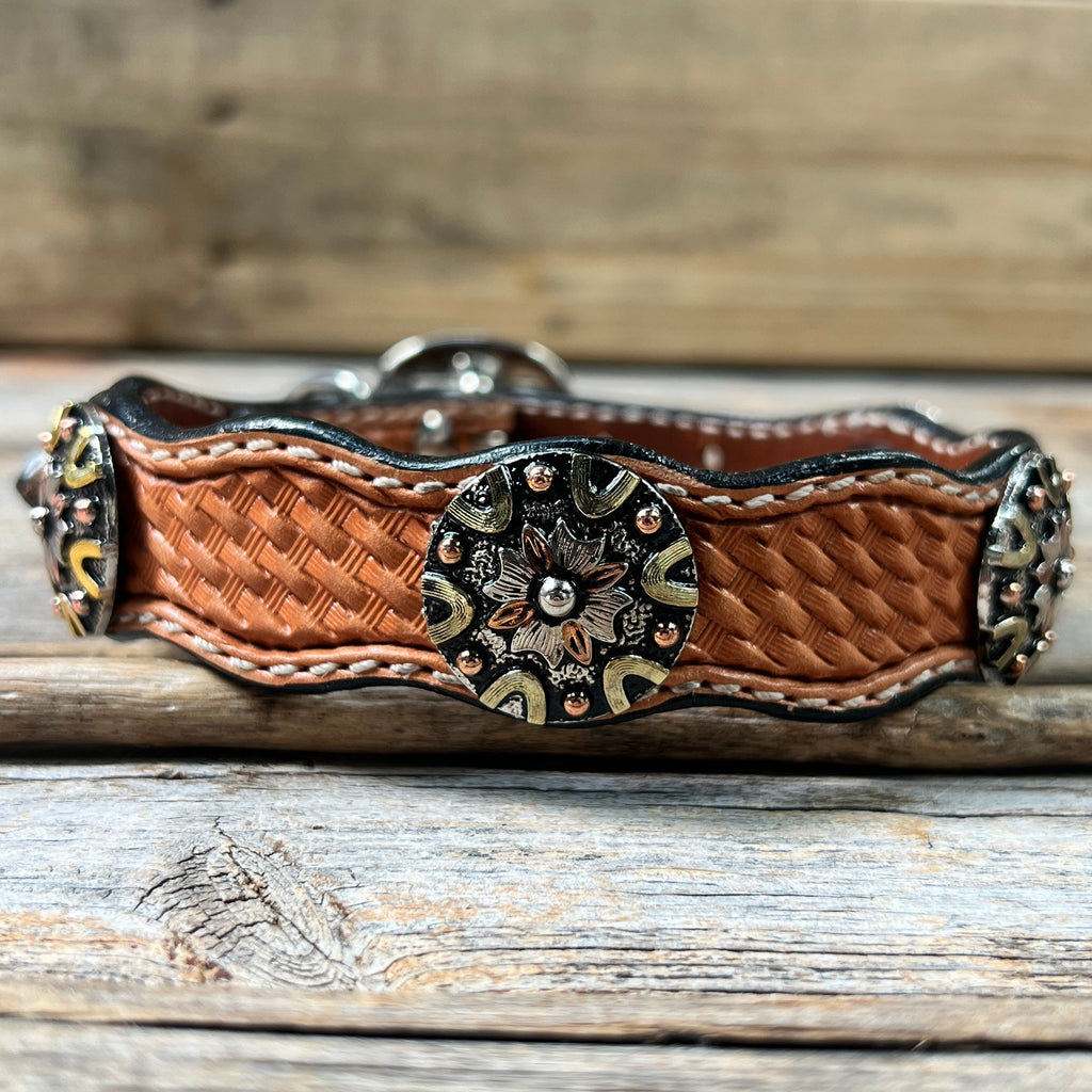 Genuine Leather Dog Collar With Antique Silver and Dots Conchos 10" to 22" W147S -DC53 — view 2