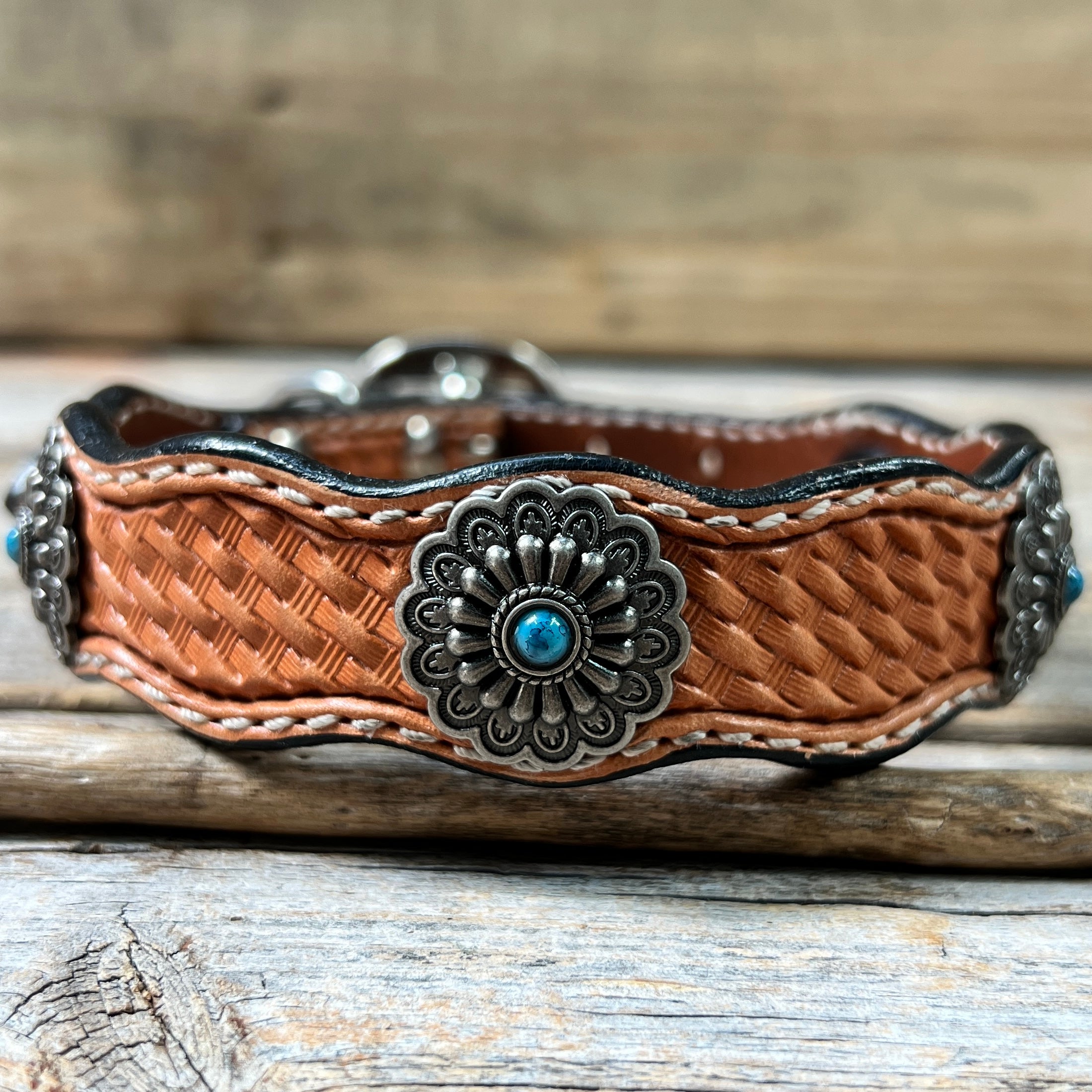 Genuine Leather Dog Collar With Antique Silver Floral Conchos 10" to 22" W203S -DC54 — view 2