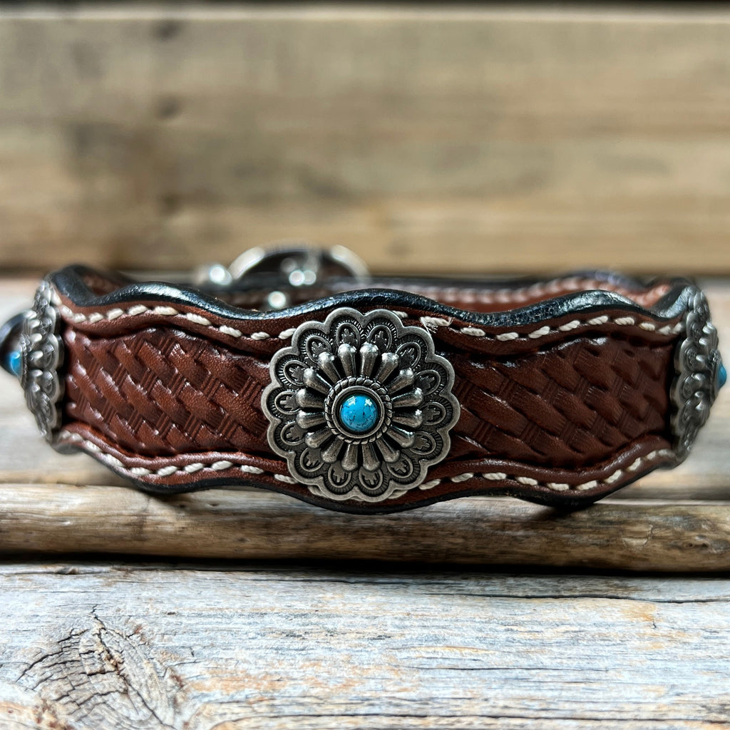 Genuine Leather Dog Collar With Antique Silver Floral Conchos 10" to 22" W203S -DC54 — view 3