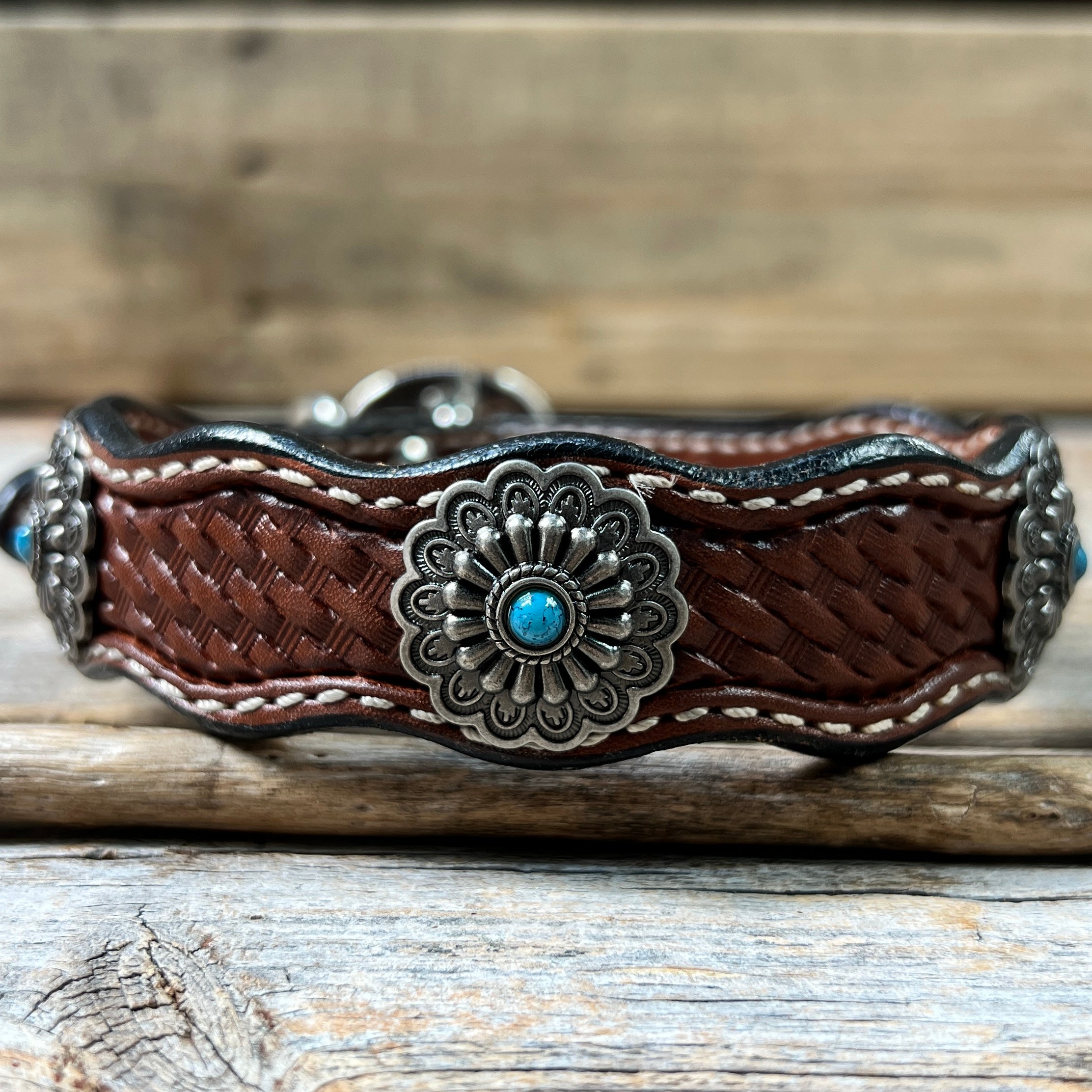 Genuine Leather Dog Collar With Antique Silver Floral Conchos 10" to 22" W203S -DC54 — view 3