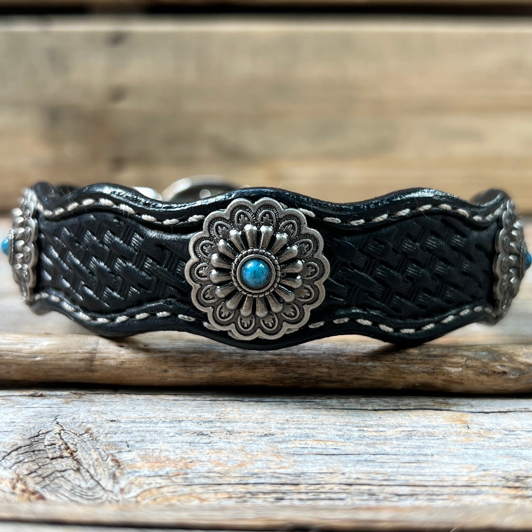 Genuine Leather Dog Collar With Antique Silver Floral Conchos 10" to 22" W203S -DC54 — view 4