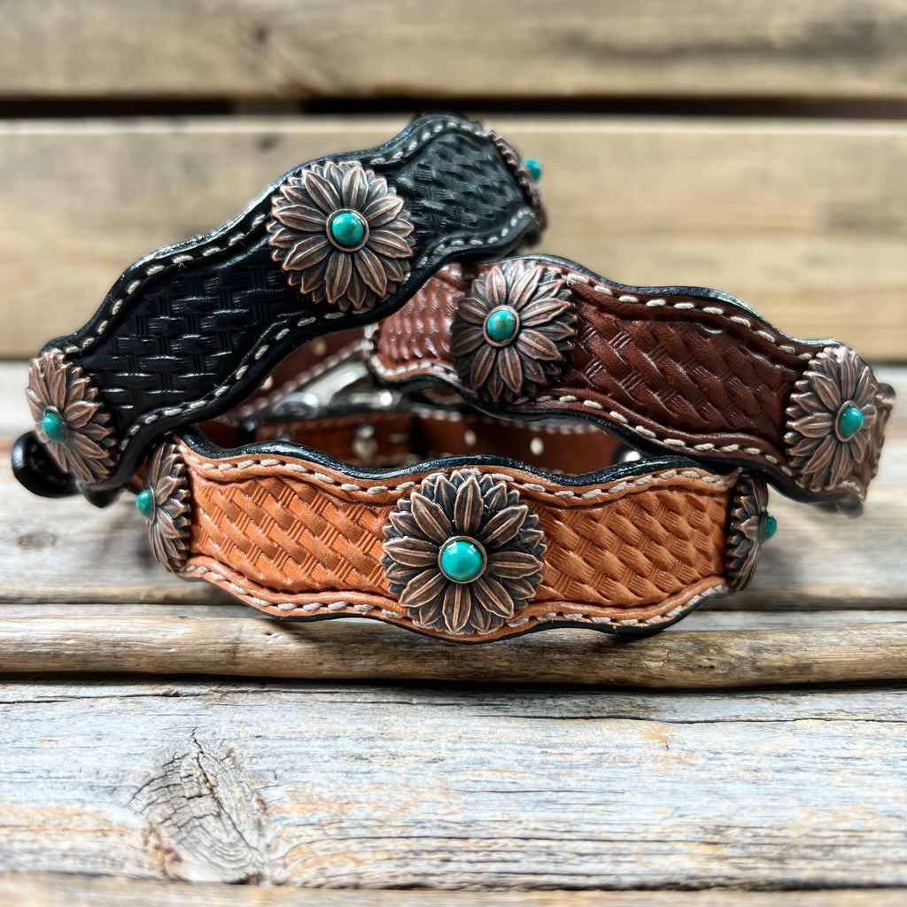 Genuine Leather Dog Collar or Leash With Copper Flower Conchos 10" to 22" W132S -DC6 — view 2