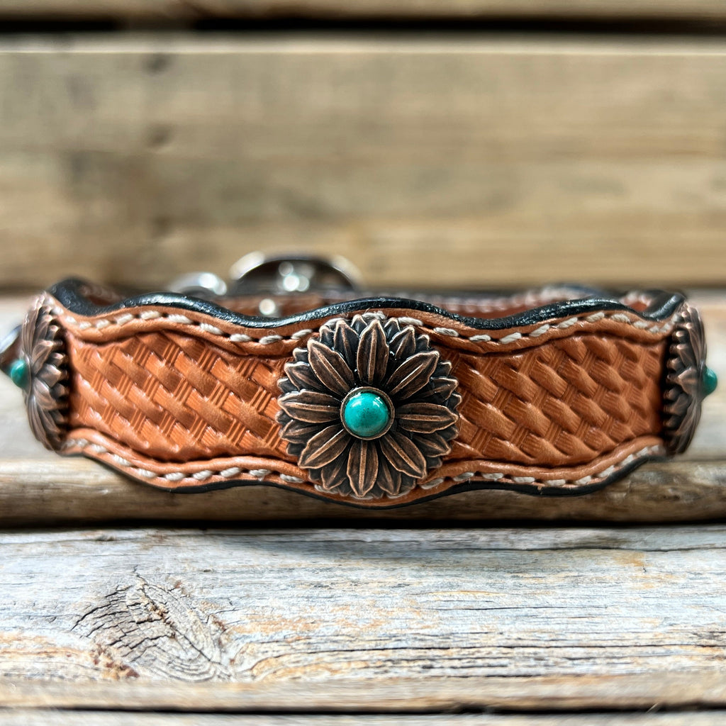 Genuine Leather Dog Collar or Leash With Copper Flower Conchos 10" to 22" W132S -DC6 — view 3
