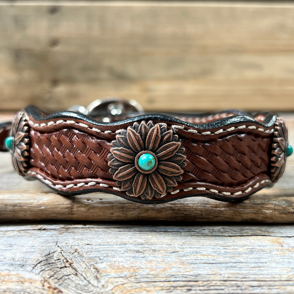 Genuine Leather Dog Collar or Leash With Copper Flower Conchos 10" to 22" W132S -DC6 — view 4