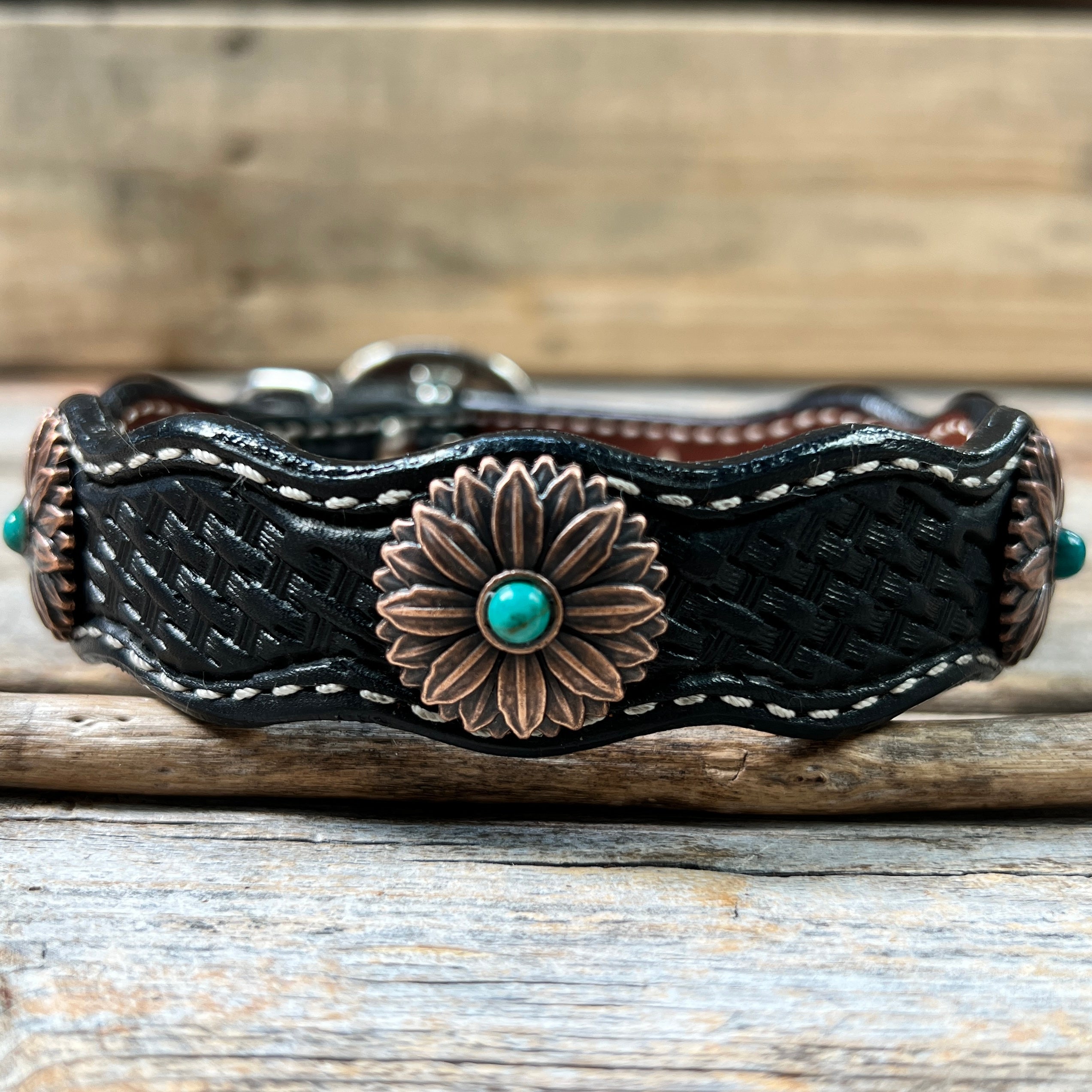 Genuine Leather Dog Collar or Leash With Copper Flower Conchos 10" to 22" W132S -DC6 — view 5