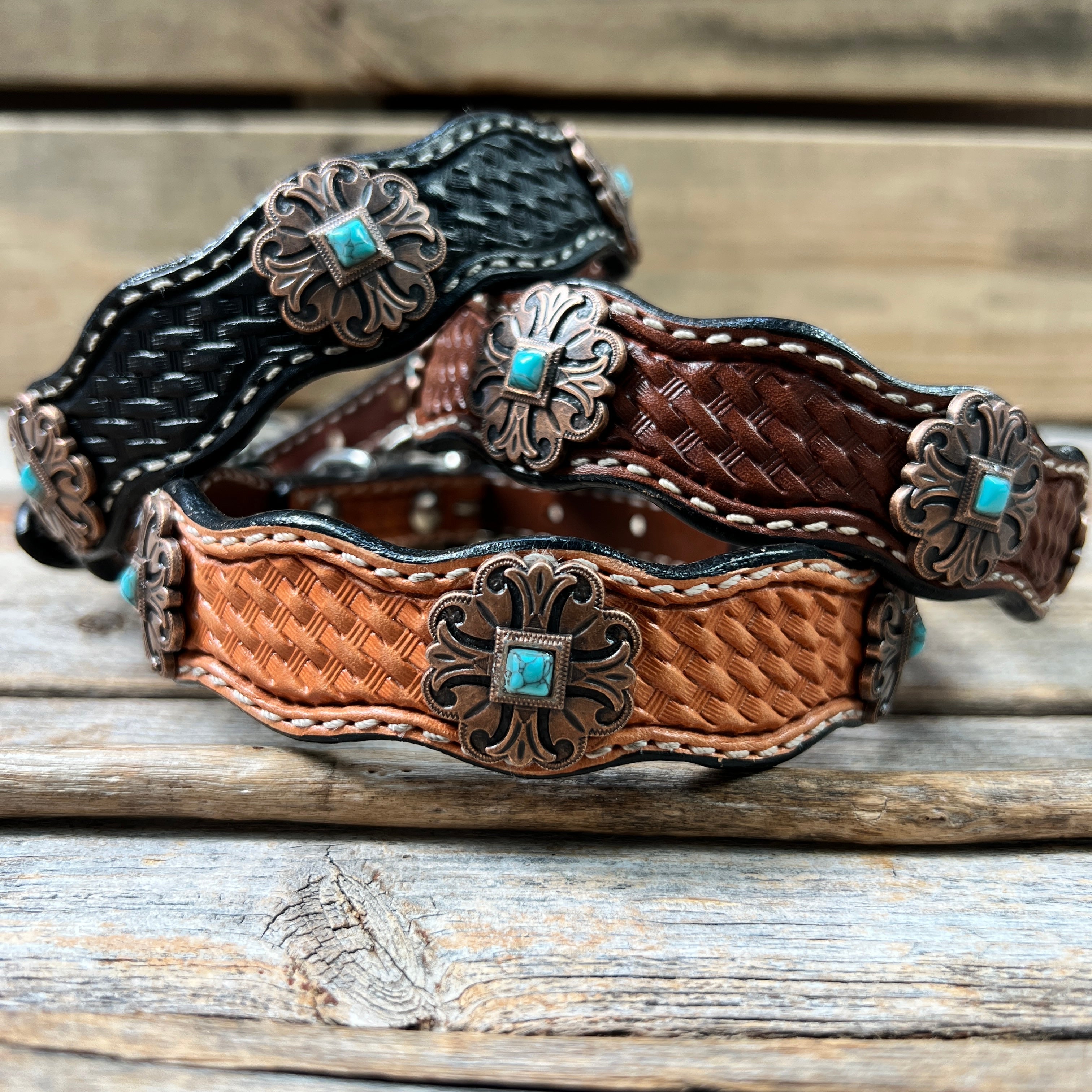 Genuine Leather Dog Collar or Leash With Copper Fleur De Lis Conchos 10" to 22" W141S -DC55 — view 2