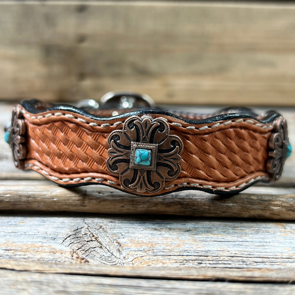 Genuine Leather Dog Collar or Leash With Copper Fleur De Lis Conchos 10" to 22" W141S -DC55 — view 3