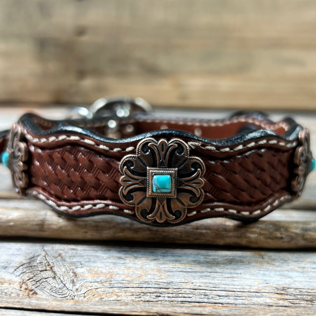 Genuine Leather Dog Collar or Leash With Copper Fleur De Lis Conchos 10" to 22" W141S -DC55 — view 4