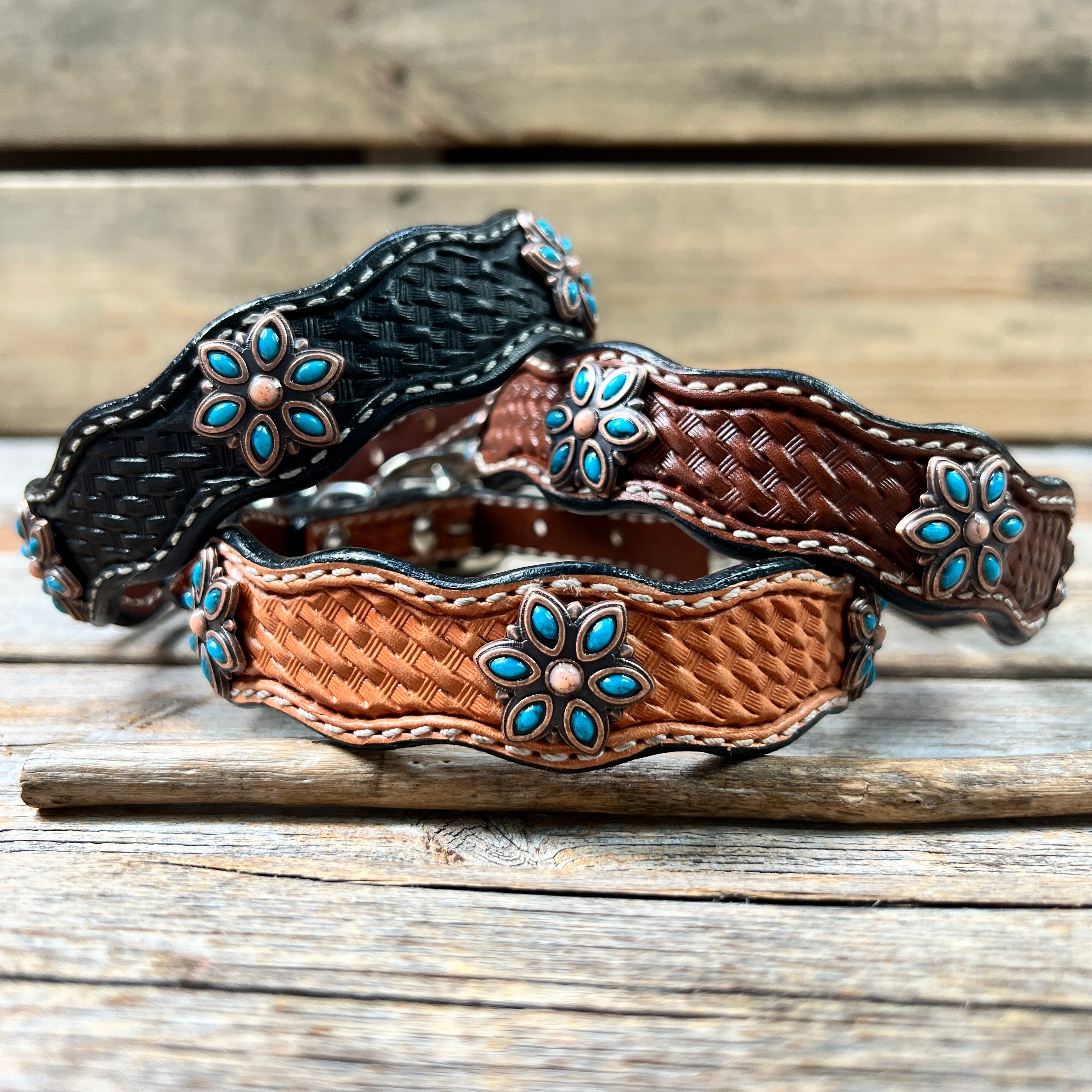 Genuine Leather Dog Collar or Leash With Copper Turquoise Flower Conchos 10" to 22" W207S -DC56 — view 2
