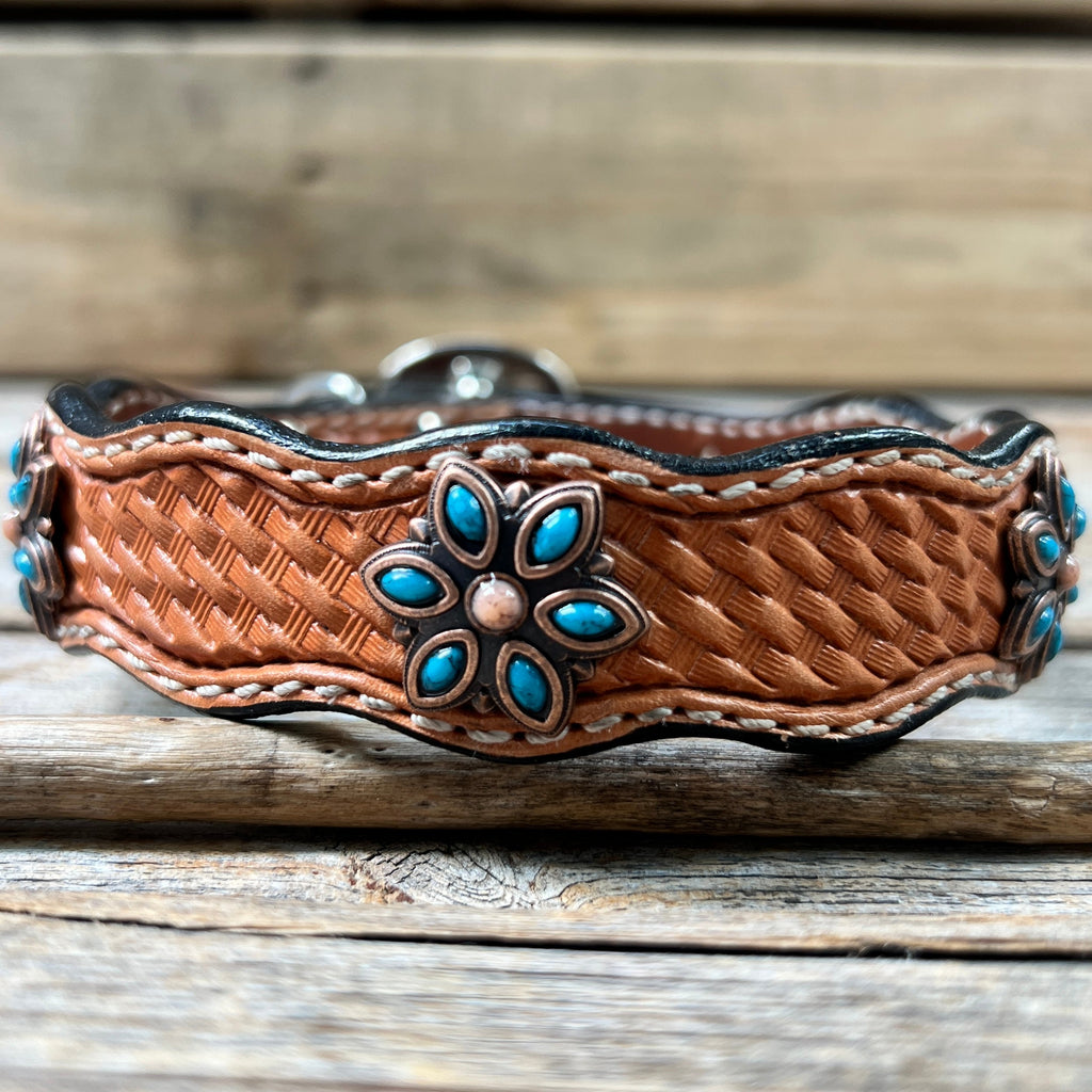 Genuine Leather Dog Collar or Leash With Copper Turquoise Flower Conchos 10" to 22" W207S -DC56 — view 3