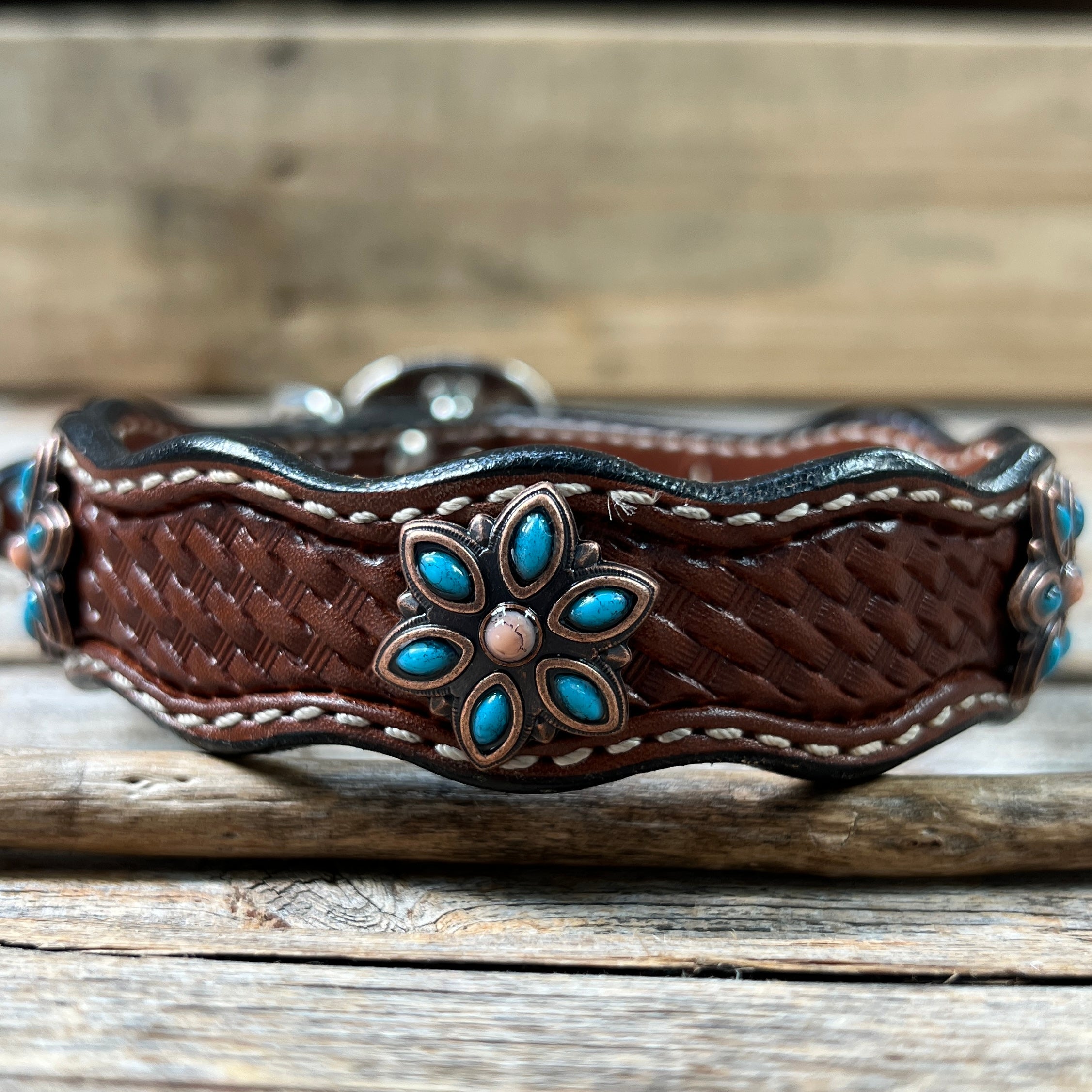Genuine Leather Dog Collar or Leash With Copper Turquoise Flower Conchos 10" to 22" W207S -DC56 — view 4