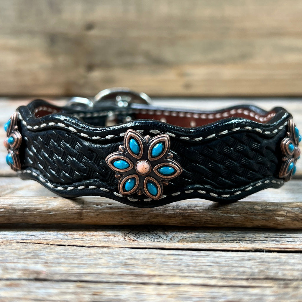 Genuine Leather Dog Collar or Leash With Copper Turquoise Flower Conchos 10" to 22" W207S -DC56 — view 5