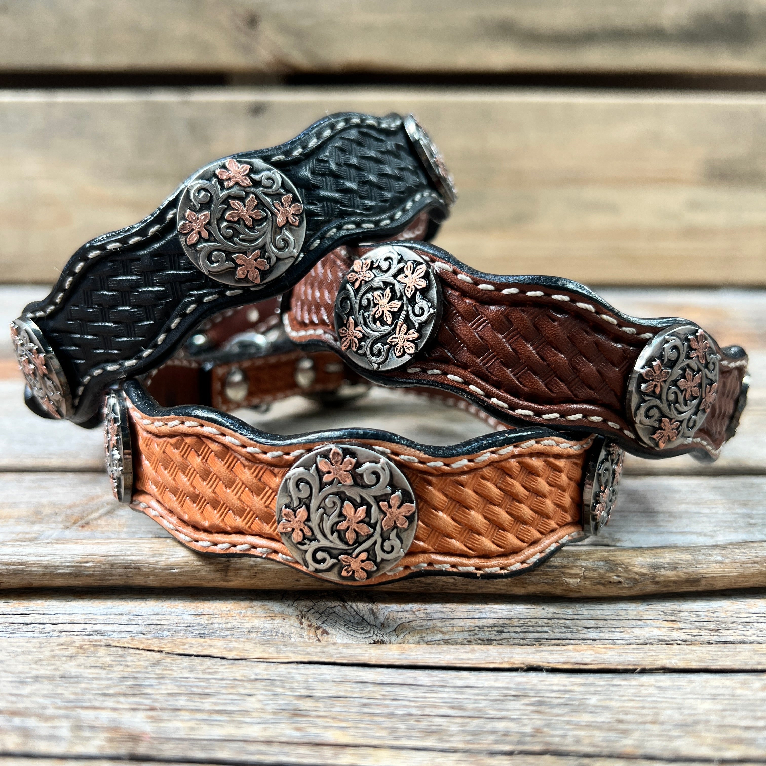Genuine Leather Dog Collar With Antique Silver with Copper Flower Conchos 10" to 22" W200S -DC1000