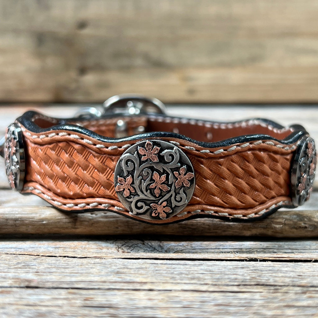 Genuine Leather Dog Collar With Antique Silver with Copper Flower Conchos 10" to 22" W200S -DC1000 — view 2