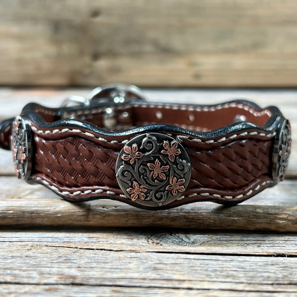 Genuine Leather Dog Collar With Antique Silver with Copper Flower Conchos 10" to 22" W200S -DC1000 — view 3