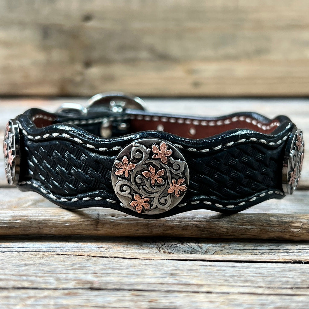 Genuine Leather Dog Collar With Antique Silver with Copper Flower Conchos 10" to 22" W200S -DC1000 — view 4