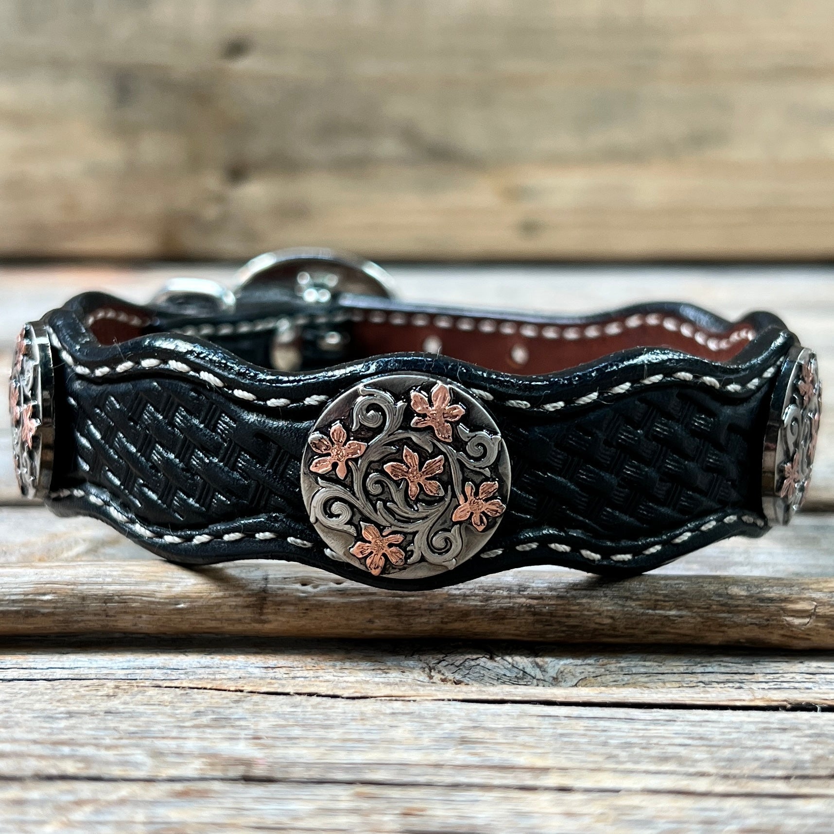 Genuine Leather Dog Collar With Antique Silver with Copper Flower Conchos 10" to 22" W200S -DC1000 — view 4