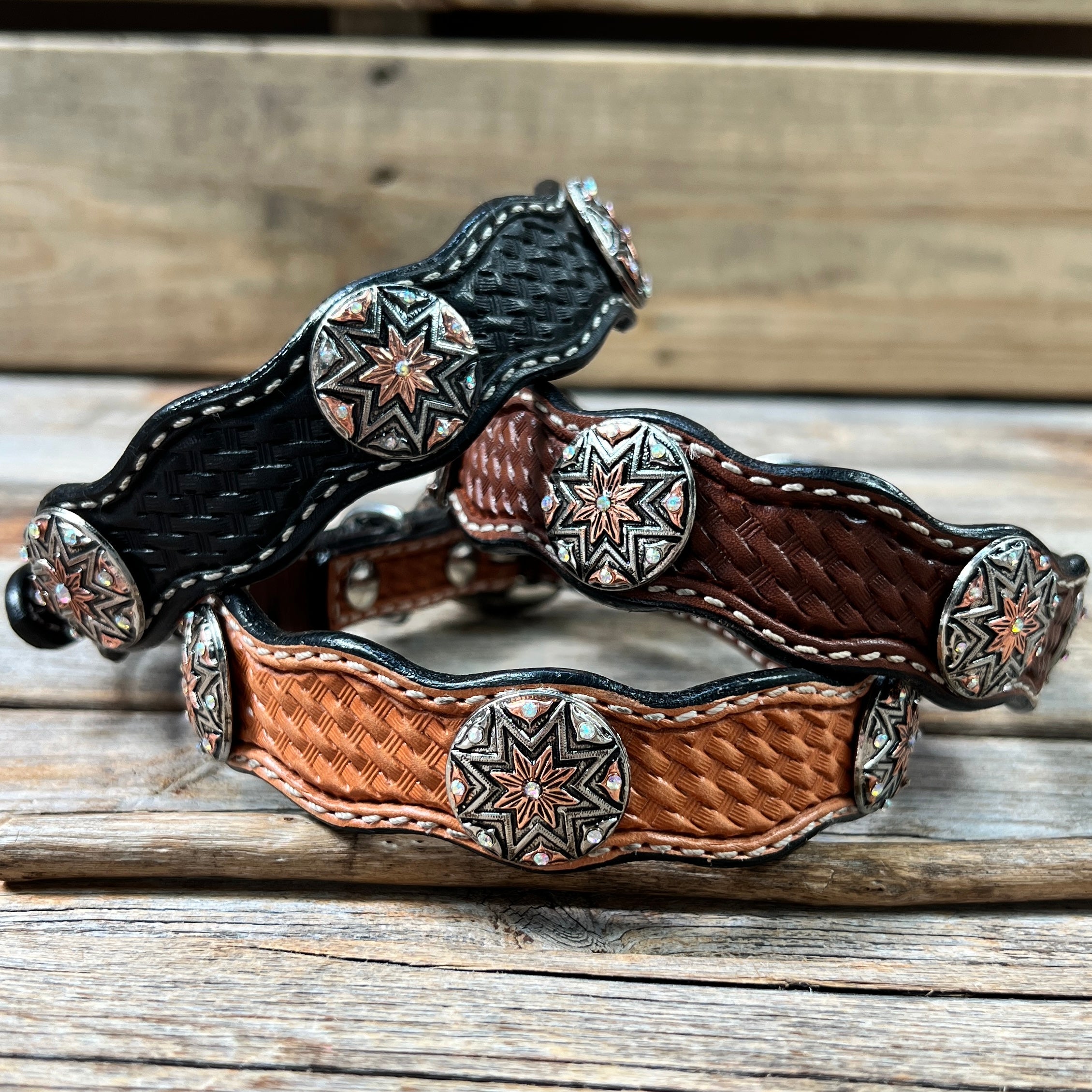 Genuine Leather Dog Collar With Antique Silver Starburst Conchos 10" to 22" W185S -DC57