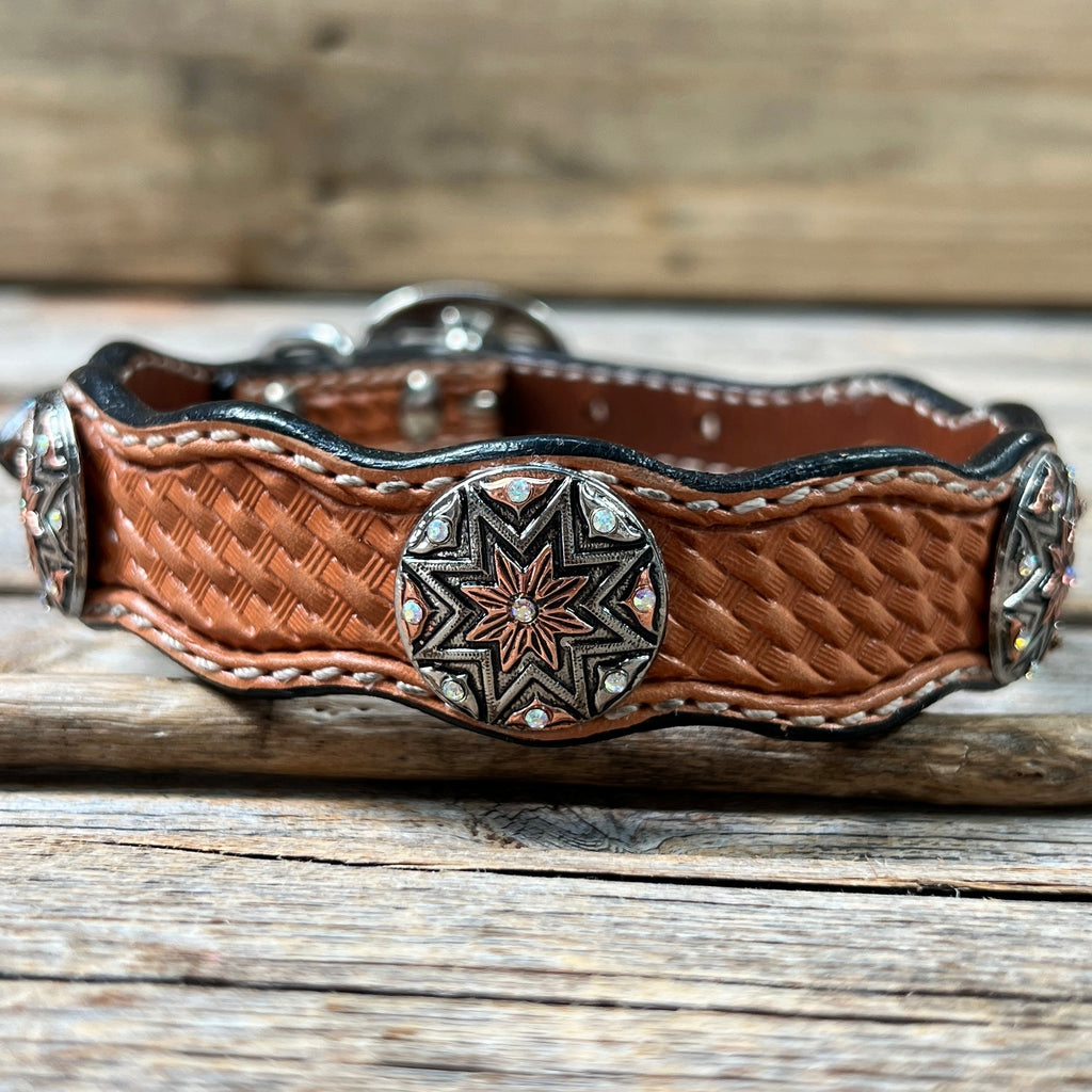 Genuine Leather Dog Collar With Antique Silver Starburst Conchos 10" to 22" W185S -DC57 — view 2