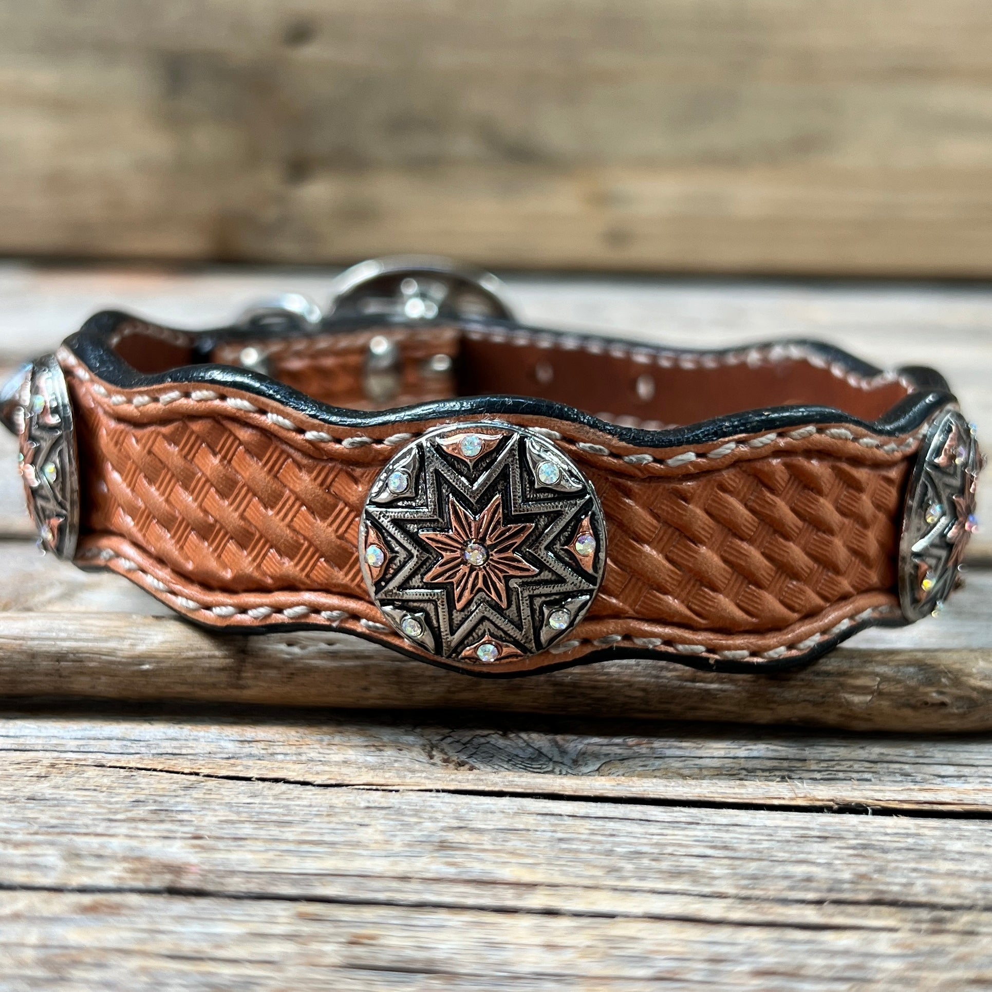 Genuine Leather Dog Collar With Antique Silver Starburst Conchos 10" to 22" W185S -DC57 — view 2