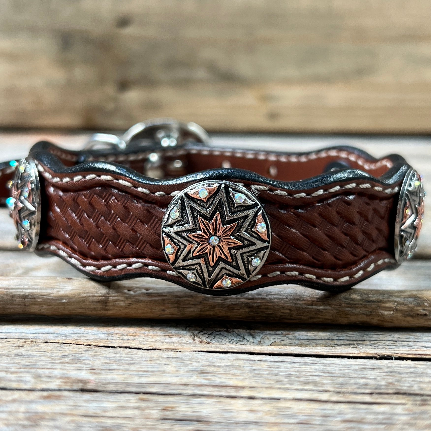 Genuine Leather Dog Collar With Antique Silver Starburst Conchos 10" to 22" W185S -DC57 — view 3