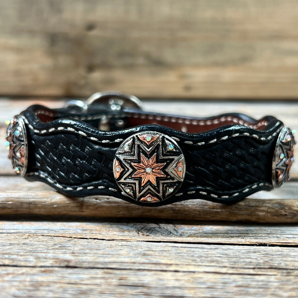 Genuine Leather Dog Collar With Antique Silver Starburst Conchos 10" to 22" W185S -DC57 — view 4